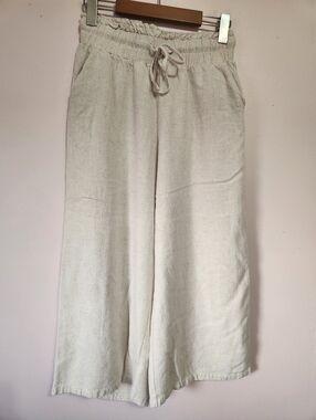 Anrabess Linen Blend Wide Leg Pants Oatmeal  Paperbag Waist Size S EUC Coastal